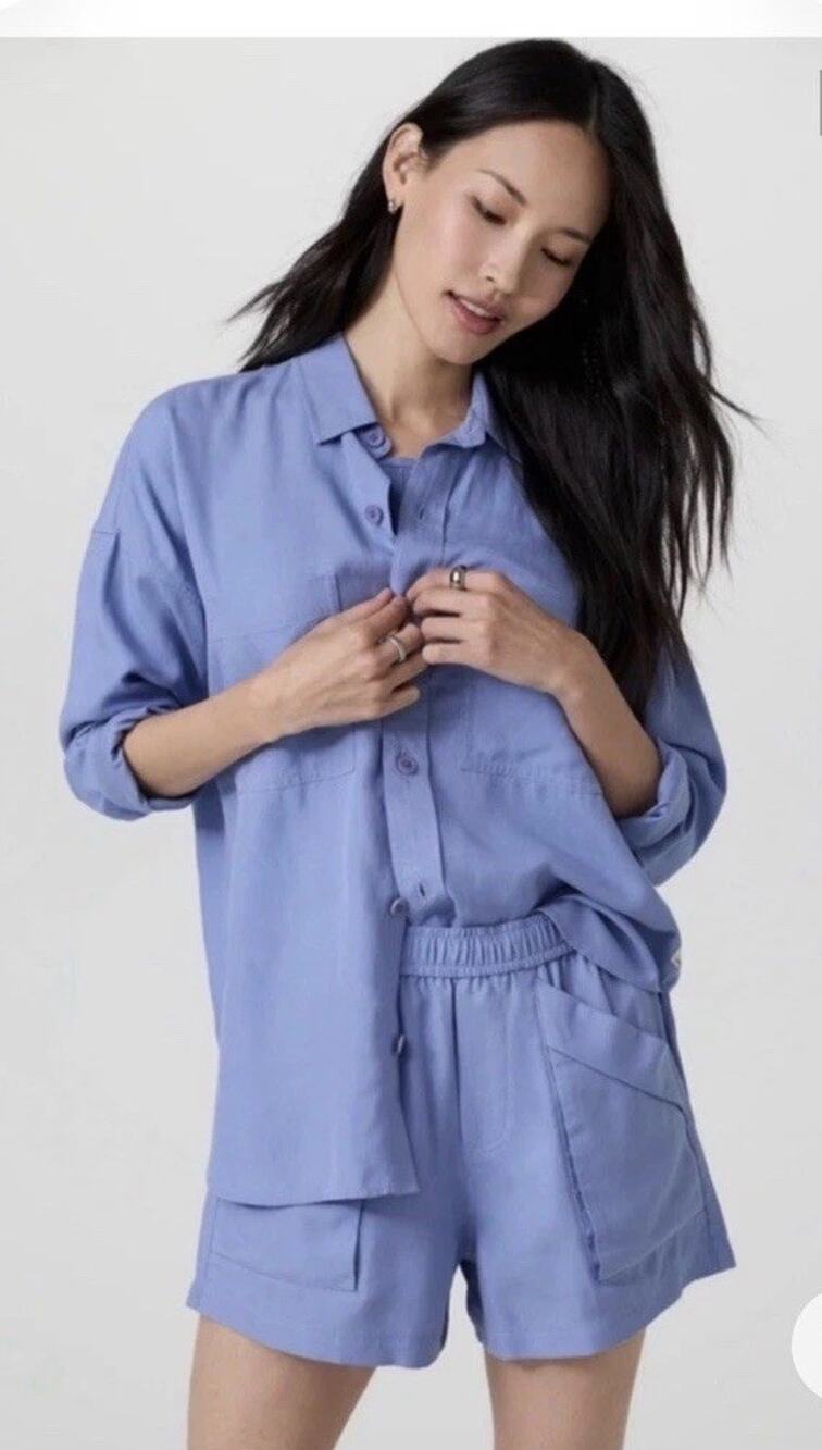 NEW Vuori Trestles Twill SET Button Up Shirt Sz Small Bluebell Linen Shorts XS